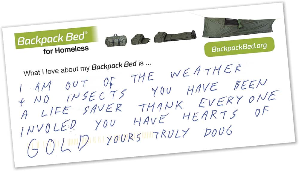 Backpack Bed for Homeless thank you postcard