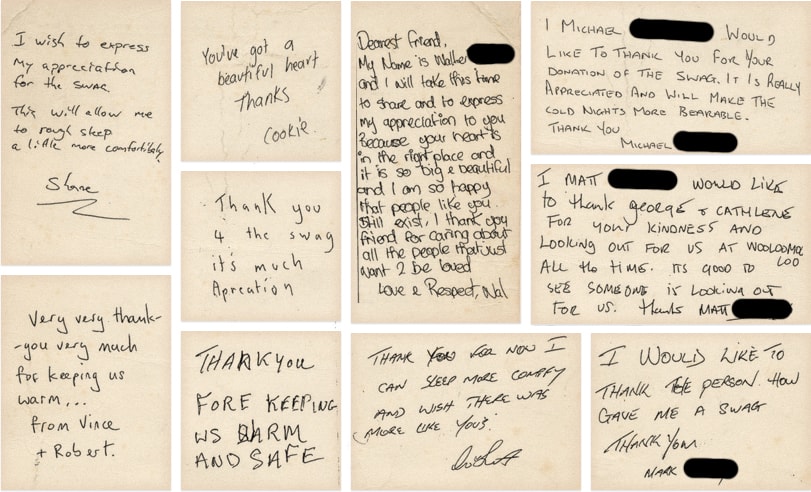 Thank you notes from homeless Backpack Bed recipients